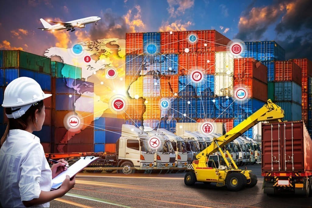 Engineer with containers, a crane and logistics icons